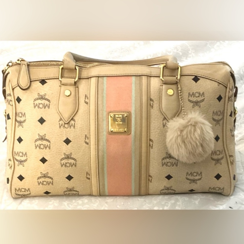 MCM bag Brown/Tan Leather Satchel Purse MCM Visetos Leather w/ Stripe  *REHAB**
